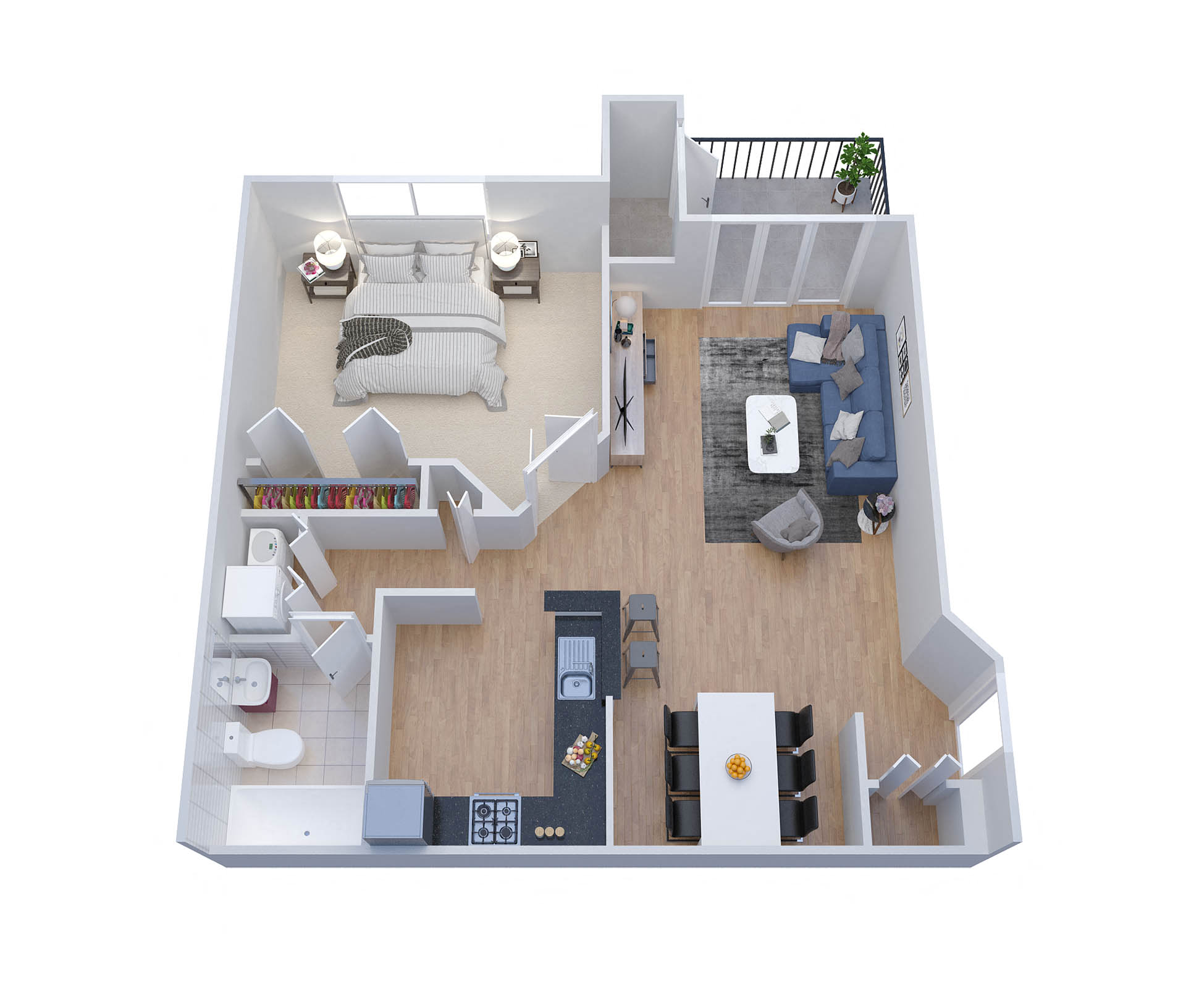 Floor plan for 1 bed, 1 bath, 724 sqft
